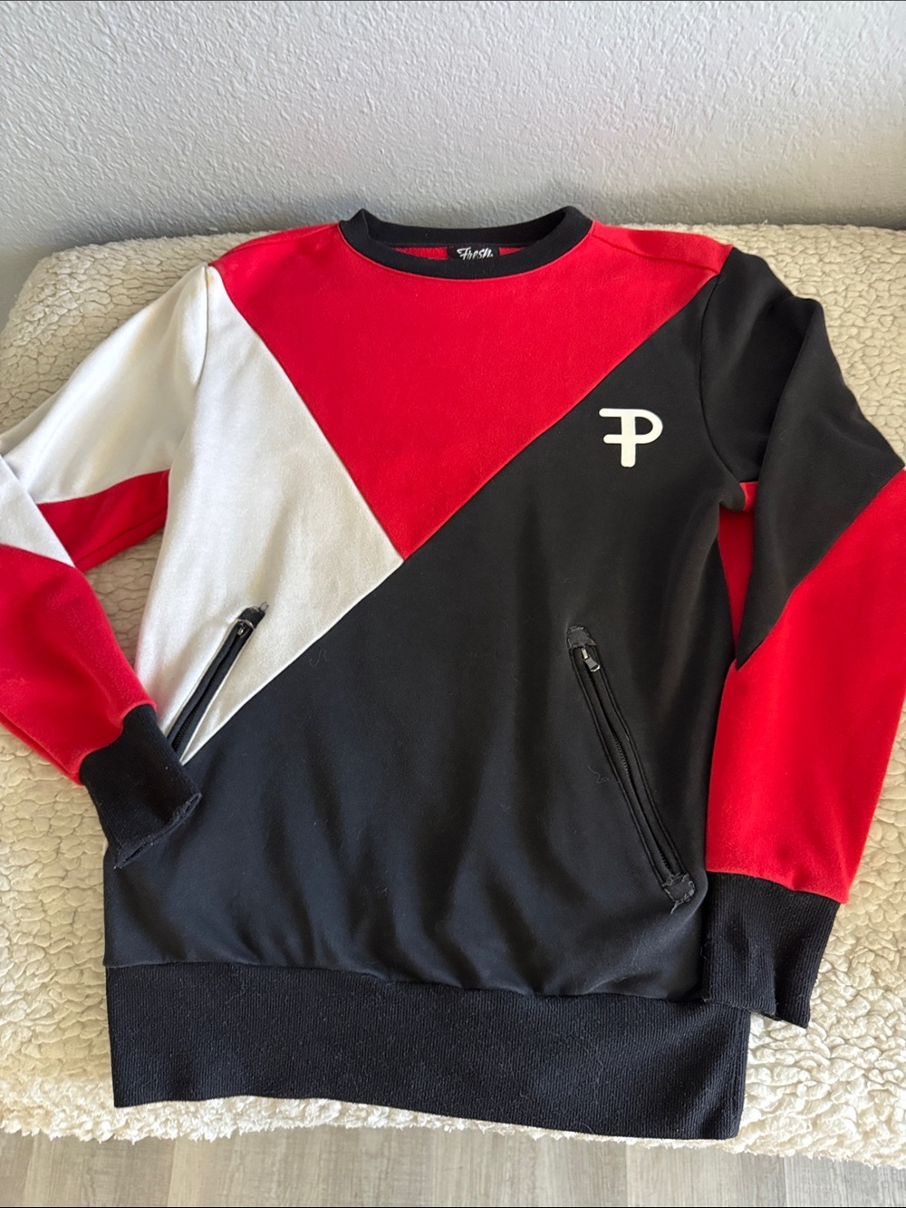 Men's Colorblock Crewneck Sweater in Red, Black & White